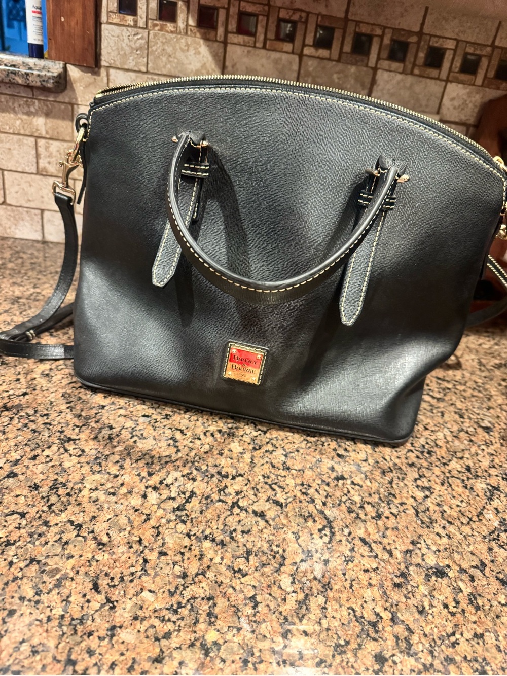 Dooney & Bourke Black Leather Dome Satchel with Gold Hardware